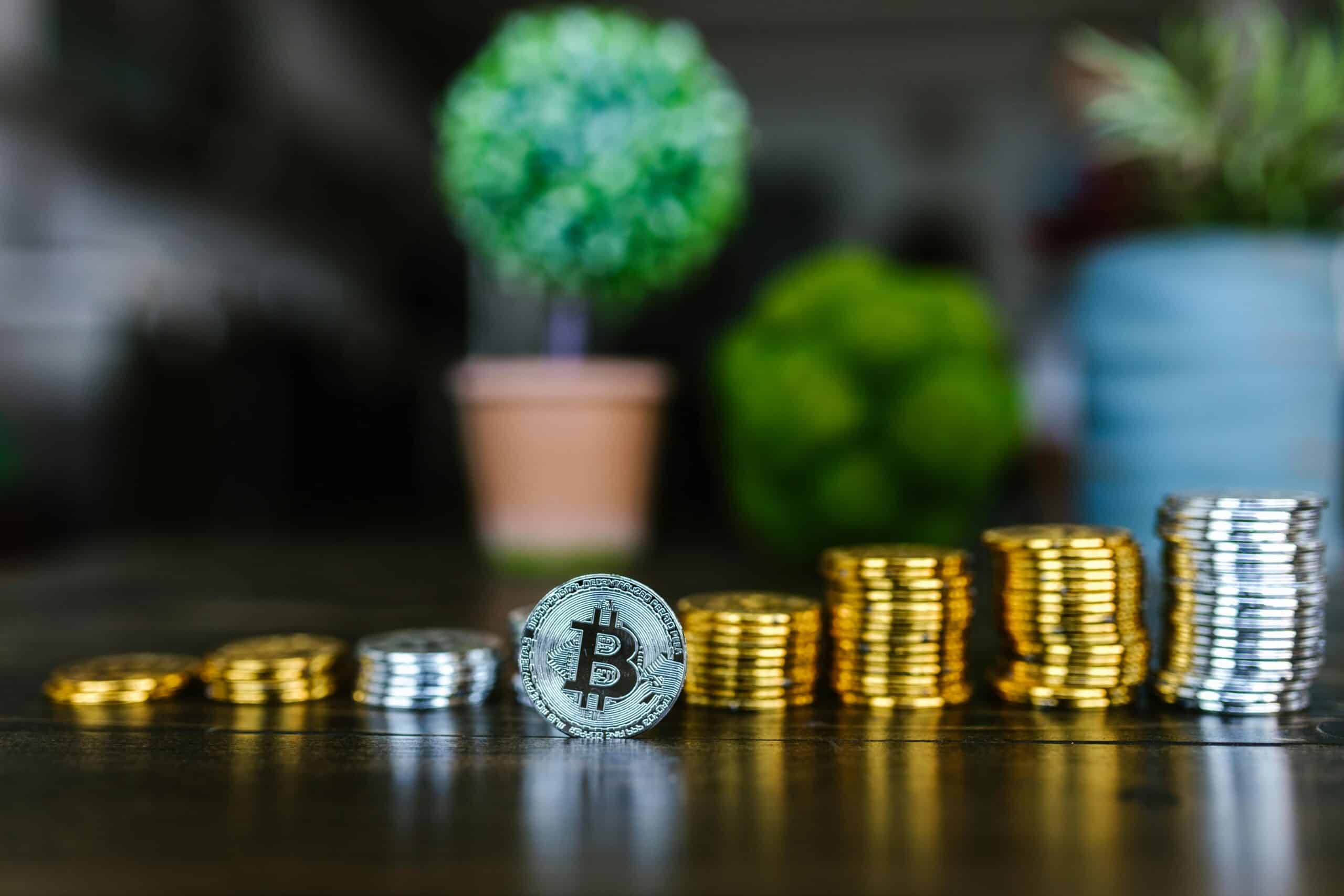 A Bitcoin coin stands prominently in front of blurry stacks of coins and potted plants on a table.