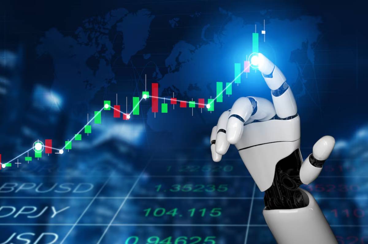 Robot hand pointing at an upward-trending financial graph on a digital screen with global map background.
