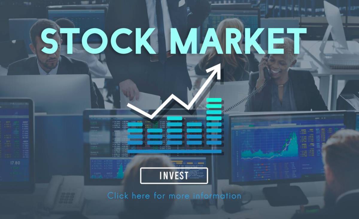 Promotional graphic for a stock market with brokers, trading screens, and rising investment graphs.