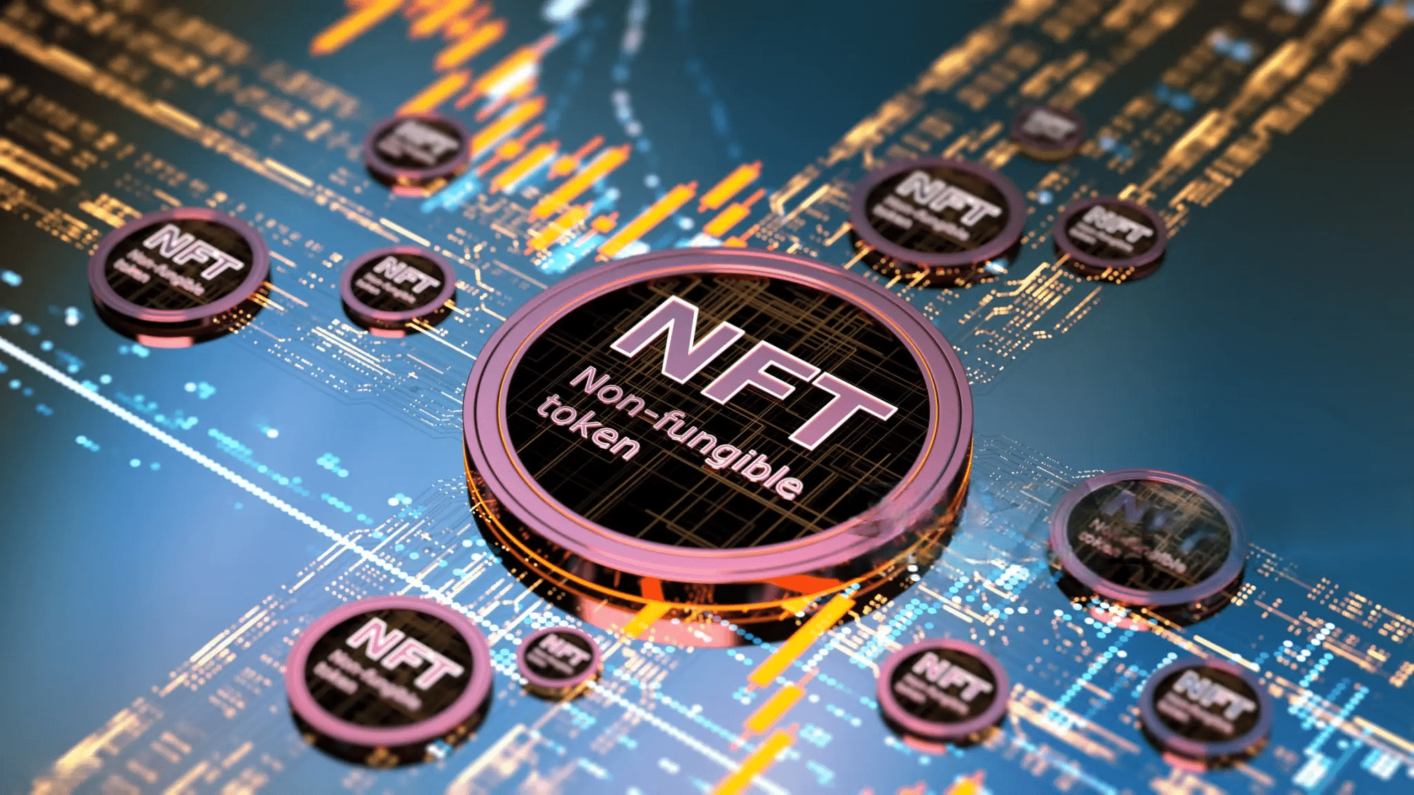 A digital representation of NFT tokens, highlighted on a circuit board background with vibrant data graphics and glowing elements.