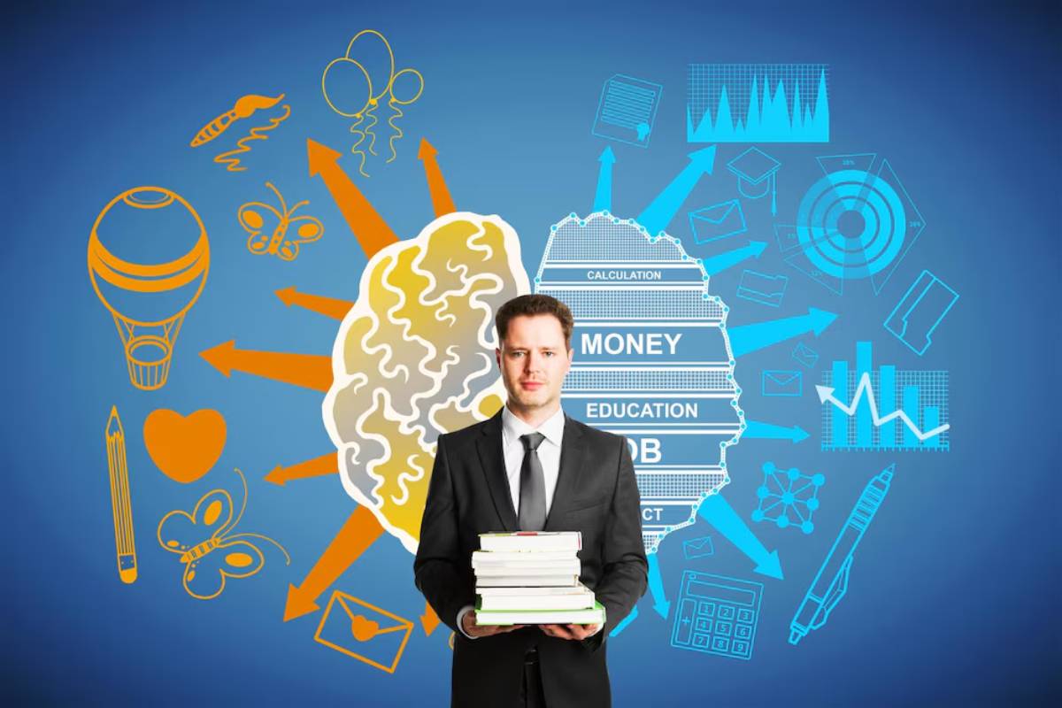 Man in suit holds books, with graphics symbolizing brain function, education, and business floating around him on a blue background.